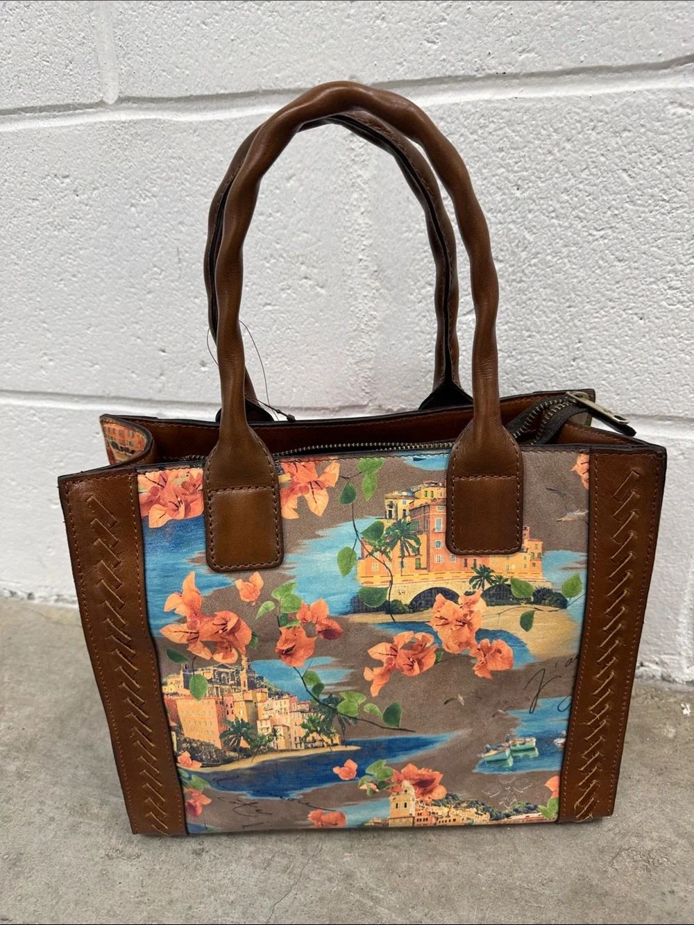 Patricia Nash Brown Floral Coastal Print Satchel